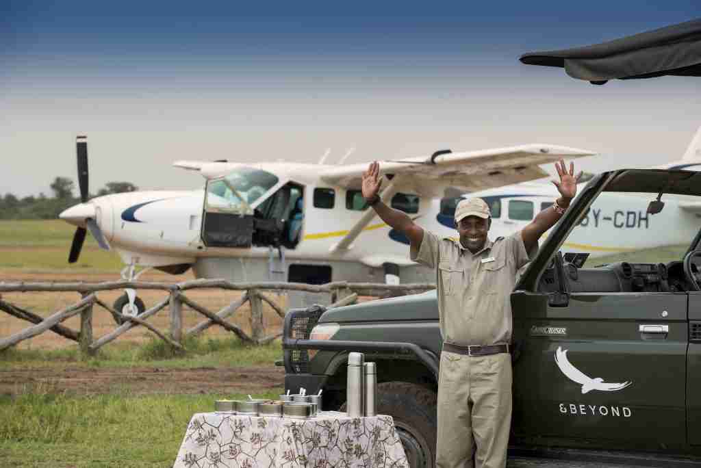 Flying Guests are welcomed by a guide at &Beyond Kichwa Tembo Camp